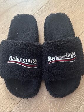 Balenciaga Black Sherpa Slide Sandals with White & Red Logo